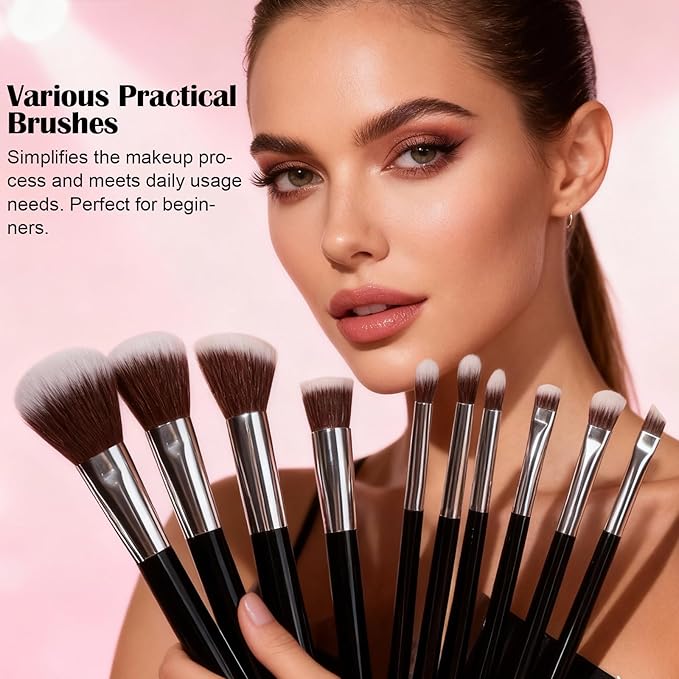 Makeup Brush Set, 12 Pieces Makeup Brushes,Travel Brushes in Black For Foundation, Concealer, Powder Eyeshadow Ideal for Students &Beginners