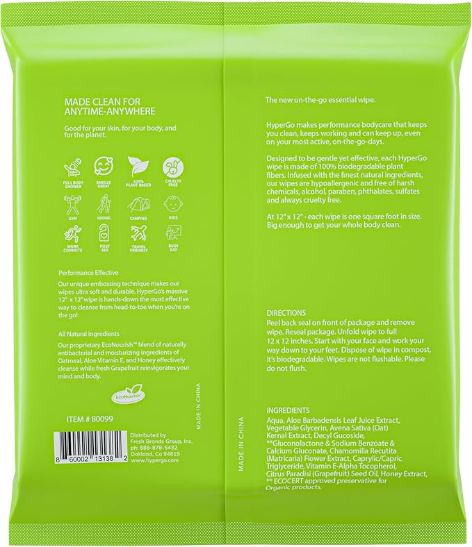 HyperGo XL Body Wipes for Women & Men – 12" x12" Rinse-Free Full Body Cleansing Wipes 20 Count Pack - Cucumber | Biodegradable, Hypoallergenic, Aloe-Infused | Gym, Festival, Camping Essentials
