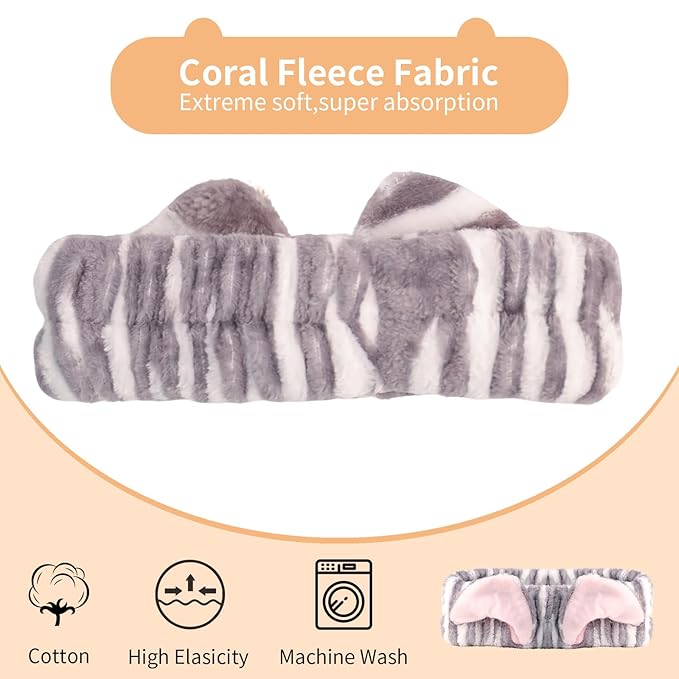 PERFECTSIGHT 2 Pack Cute Animal Headbands for Makeup Wash Shower Adjustable Elastic Hair Band for Girls and Women (Gray Cat Ear)