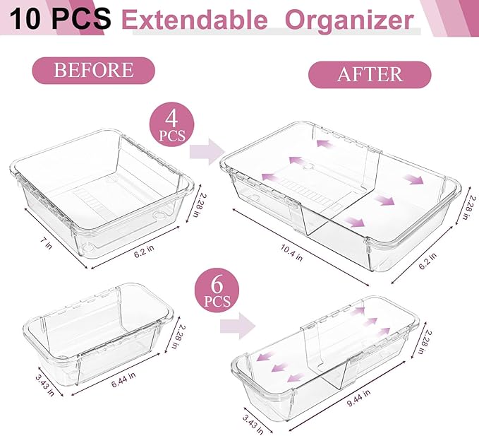 10 Pcs Extendable Clear Drawer Organizer, All Adjustable Vanity Storage Box, 2-Size Desk Drawer Organizer, Durable Storage Bins for Makeup, Cosmetic, Bedroom Dressers Tool Organizer for Gadgets