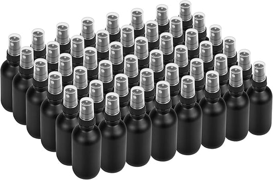 BILLIONSTARS 48 Pack 2oz Glass Boston Round Bottle with Fine Mist Sprayer - Black Frosted - Essential Oils, Bath, Beauty, Hair & Cleaning - Leakproof Travel Bottles