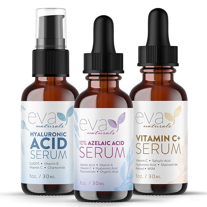 Eva Naturals Face Serum Set - Vitamin C, Azelaic Acid & Hyaluronic Acid Serum | Dark Spots, Calming, Uneven Skin Tone, Wrinkles, Fine Lines | Brightening, Anti Aging, Hydrating Facial Skincare 3x1 oz