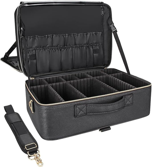 Relavel Extra Large Makeup Case Travel Makeup Bag Professional Leather Artist Bag Portable Cosmetic Brush Holder Organizer Nail Organizer Box with Adjustable Dividers