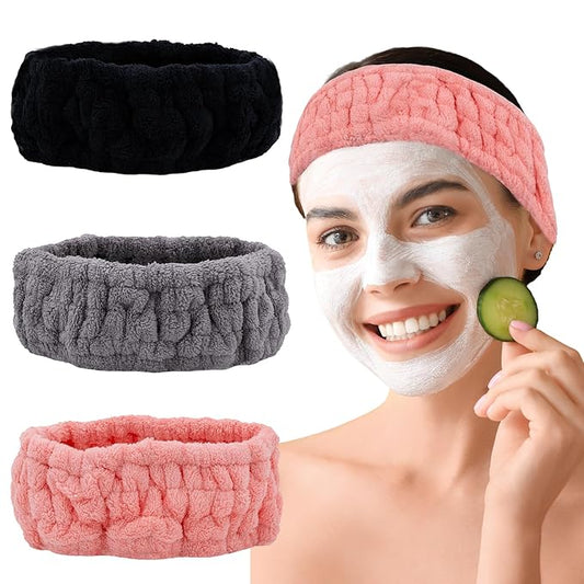 Pejnl Microfiber Spa Headband 3-Pack, Soft Terry Cloth Headband for Washing Face, Facial Mask, Makeup, Shower, Yoga, Gift for Women and Teens (Black+Gray+Pink)