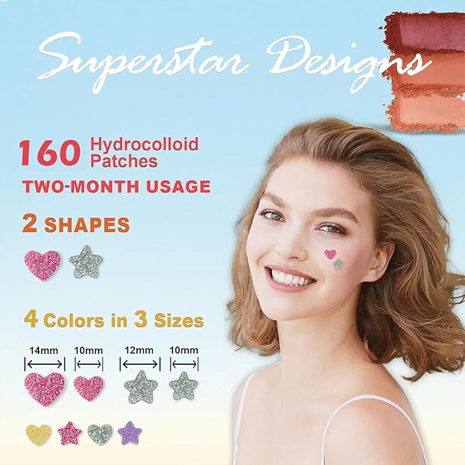 Pimple Patches for Face, Shimmer Star Hydrocolloid Acne Patches, Cute Zit Covers & Spot Stickers with Tea Tree Oil & Salicylic Acid, 3 Sizes (10mm, 12mm, 14mm), 160 Count