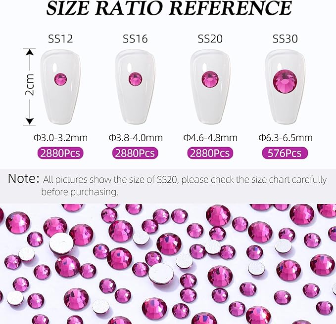 Meibite Fuchsia Flatback Rhinestones, Glass Rhinestones for Nail Art and Craft, Glue Fix, Loose Crystal Gemstones(Fuchsia, SS30, 576pcs, 6.4-6.6mm)