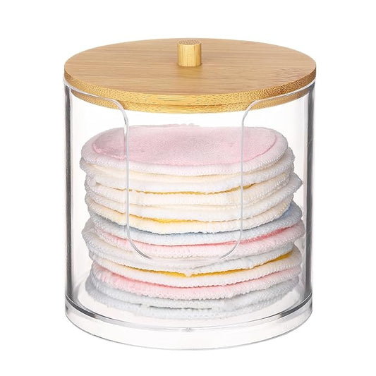 Tbestmax Plastic Cotton Round Holder and Dispenser, Clear Bathroom Organizer Storage for Cotton Pads - Bamboo Lids