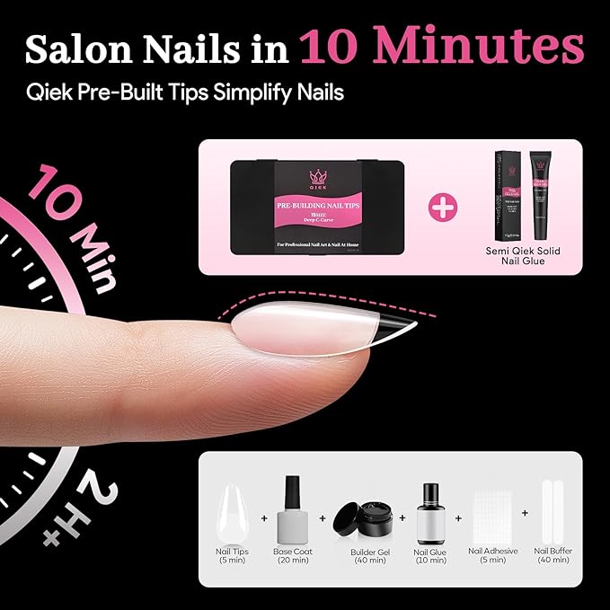 Qiek Short Almond Pre-Building Nail Tips, 15 Sizes 240 PCS Pre-shaped Apex Clear Soft Press On Fake Nail Half Matte Gel Nail Extensions Strong Thick Acrylic Tip for DIY Beginners & Salon Manicure
