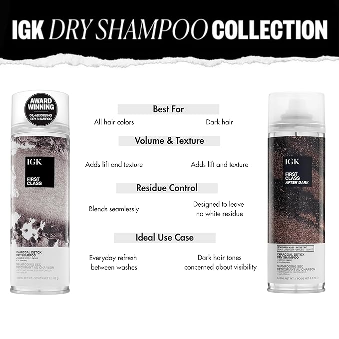 IGK First Class After Dark Charcoal Dry Shampoo for Dark Hair | Soft Brown Tinted Formula, No White Residue | Deep Cleansing, Oil Absorbing & Odor Eliminating | 6.5 oz