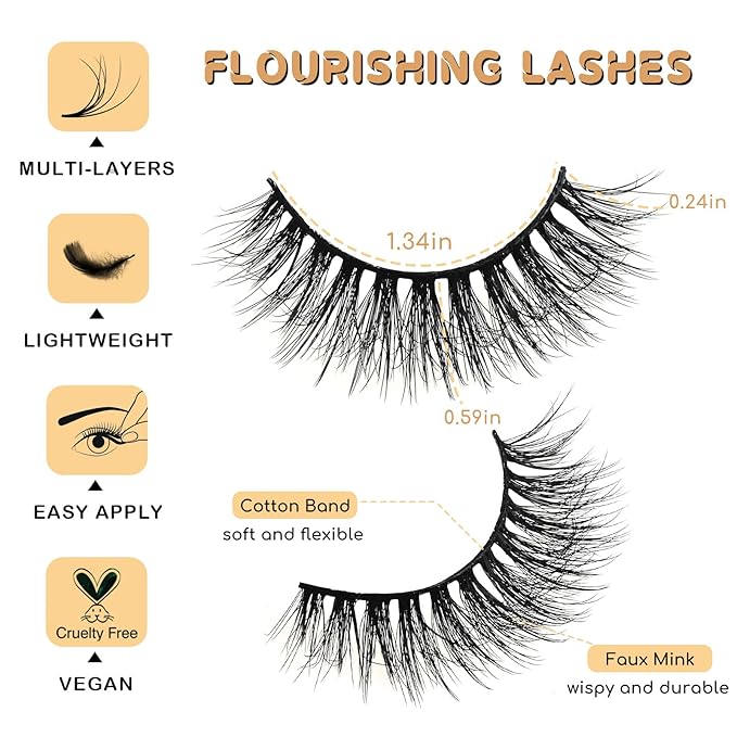 Lashes False Eyelashes Natural Lashes Wispy 14 Pairs Fake Eyelash Reusable Lash Strips Fluffy Eye Lashes Pack Short Mink Strip Lashes Natural Look Wispies Cateye Lashes for Women