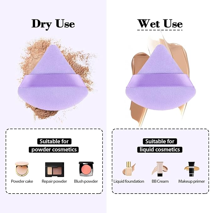 RAREIUS 8pcs Triangular Powder Puff Face Soft Velvet Makeup Puff for Loose Powder Body Powder Makeup Sponge for Contouring Wet Dry Foundation Blender Sponge Beauty Makeup Tool.(Purple)