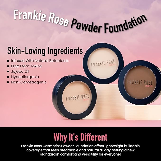 Frankie Rose Cosmetics Powder Foundation – Full Coverage Face Powder For Pores & Imperfections, Evens Out Skin Tone & Shine-Control | 58 Grams (Silk)