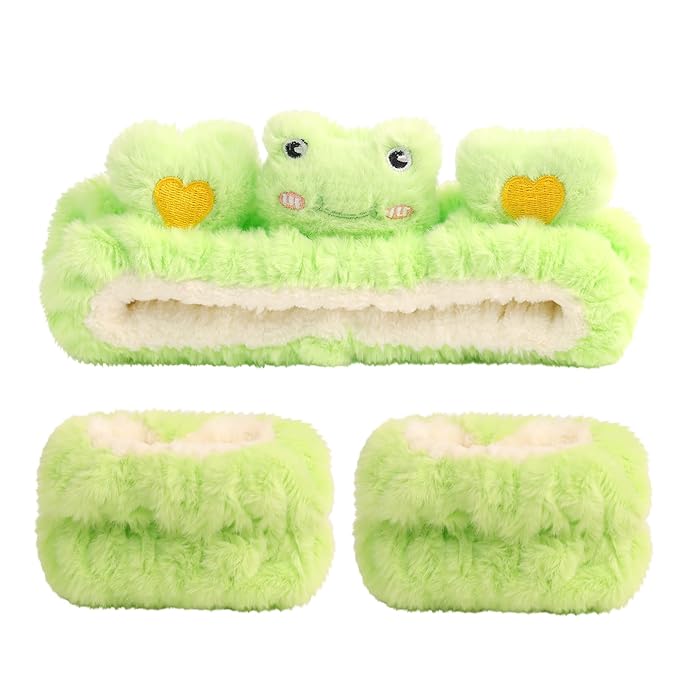 PERFECTSIGHT Kawaii Headband for Spa, Makeup, Washing Face, Party - Cute Hair and Wrist Band Set for Shower Beauty Skincare, Soft Facial Headbands for Girls and Women, Green Frog