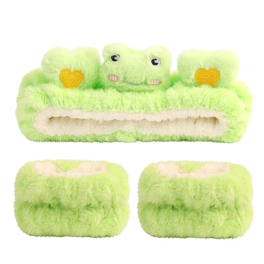 PERFECTSIGHT Kawaii Headband for Spa, Makeup, Washing Face, Party - Cute Hair and Wrist Band Set for Shower Beauty Skincare, Soft Facial Headbands for Girls and Women, Green Frog