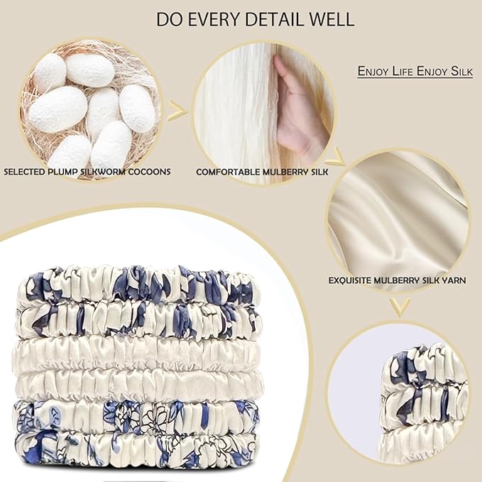 Suncdelv Silk,100% Silk Scrunchies for Hair,22 Momme Hair Ties for Anti-Crease & Breakage,Natural Women Hair Accessories，Fashion Hairbands(Blue And White Porcelain)
