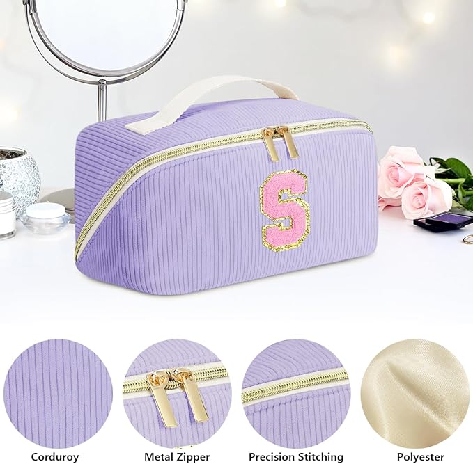 Personalized Initial Makeup Bag, Valentine's Day Gifts for Girls,Preppy Bag Cosmetic Travel Bag Women,Travel Toiletry Organizer,Large Capacity Corduroy Stuff Bag,Cute Cosmetic Pouch Skincare Bag