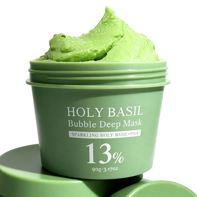 Holy Basil Bubble Deep Cleansing Mask - Purifying & Pore Minimizing Facial Cleaning with Charcoal & Green Tea, Oxygenating Foam for Acne-Prone, Cruelty-Free & Vegan Formula (90g / 3.17 oz) (1 PACK)