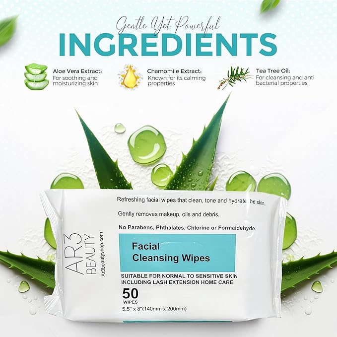 Ar3 Beauty Facial Cleansing Wipes. 2Pk. Pack of 50 each. (Facial Cleansing Wipes for Women | Gentle Makeup Remover.