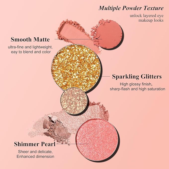 KYDA 12 Colors Warm Pink Eyeshadow Palette, Ultra-rich Glitter Rose Gold Eyeshadow, Matte Soft Pink Orange Eye Shadow Palette, Soft Blendable Powder, Warm Tone Eyes Makeup