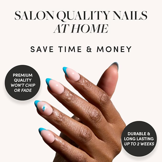 Glamnetic x Fanatics Press On Nails - Miami Dolphins | Short Almond Fake Nails, NFL Dolphins Blue French Tips, Football Nails, Salon-Quality | 15 Sizes - 30 Nail Kit with Glue
