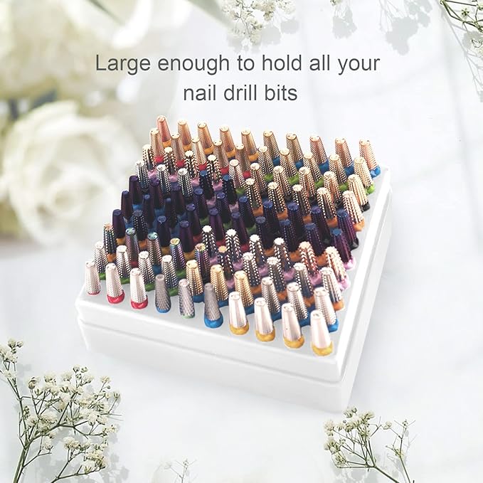Nail Drill Bits Holder, CORFULRA Nail Organizer Box for Nail Drill Bits, Large Space Container Case for Drill Bits, 100 Holes Dustproof Displayer Box of Nail Supplies for Nail Tech, White