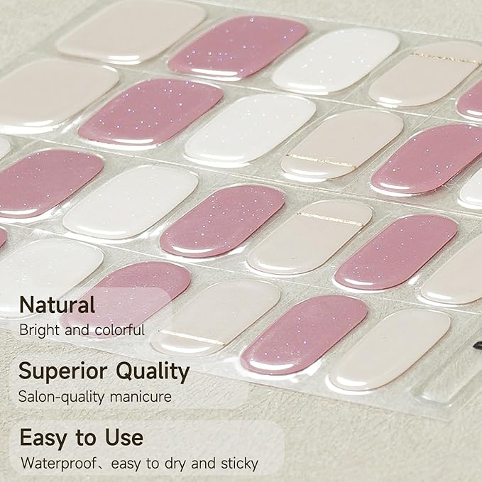 DUKASOU Semi Cured Gel Nail Strips, 56Pcs Nail Art Stickers/Wraps, Long Lasting UV Nail Polish Strips for Adults(Light Pink Glitter)
