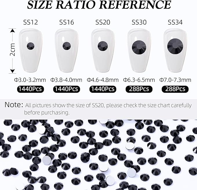 Meibite Black Flatback Rhinestones, Glass Rhinestones for Nail Art and Craft, Glue Fix, Loose Crystal Gemstones(Black, SS20, 1440pcs, 4.6-4.8mm)
