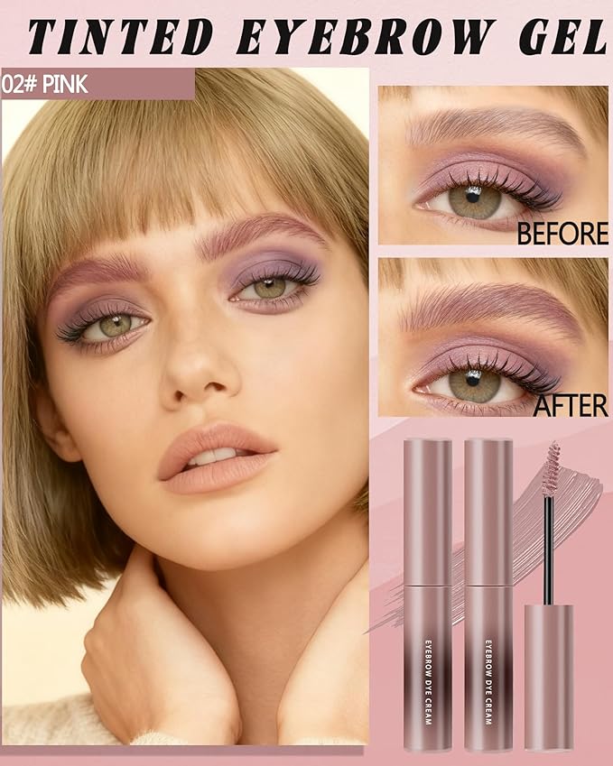 Pink Tinted Eyebrow Gel, 2 Pcs Long Lasting Waterproof Eye Brow Tinting Kit, Smudgeproof Transfer-Proof Eyebrow Mascara Glue, Ultra-Fine Brush Brow Filler Stain, Christmas Makeup Gifts for Women-02