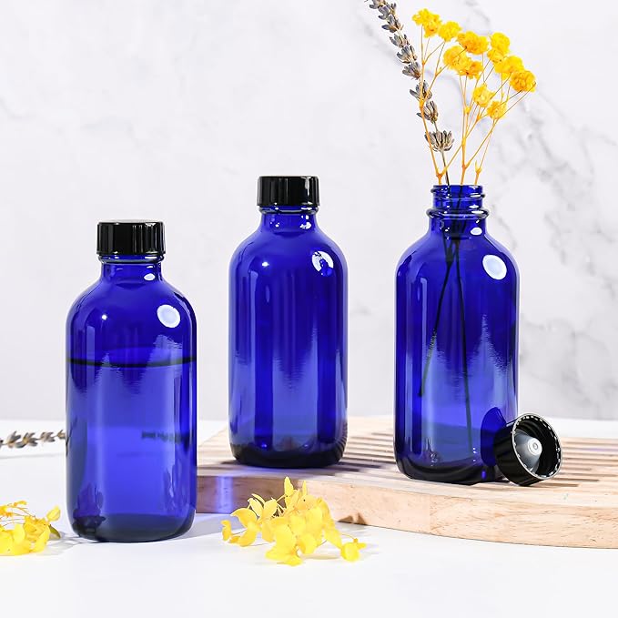 Exlvanto Small Glass Bottles with Lids Boston Round Shot Bottles for Health, Immunity, Ginger Juice, Essential Oils, Potion - Leak Proof Mini Travel Containers (Blue UV, 4oz-12Pack)
