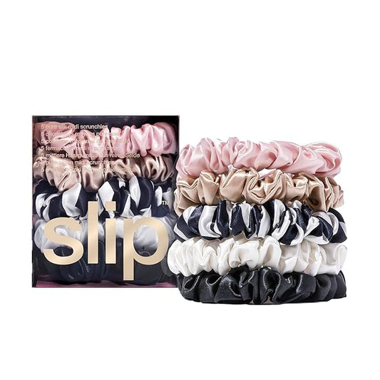 slip Midi Scrunchie Original Mix | Set of 5 Pure Silk Scrunchies in Pink, Caramel, Navy Stripe, White, & Black | 100% Mulberry Silk, Anti-Crease, Gentle on Hair, Reduces Breakage | Stylish & Durable
