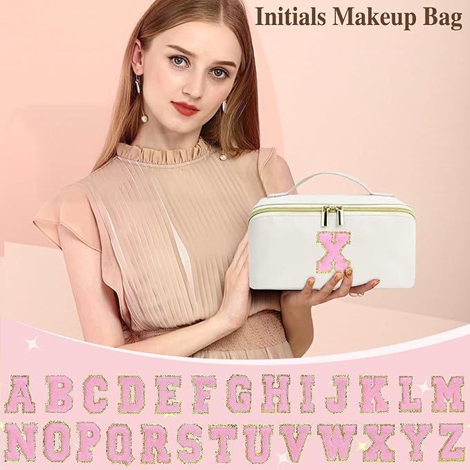 for Valentines Day Gifts, Makeup Bag for Women, PU Leather Travel Toiletry Bags, Initial Make Up Cosmetic Pouch for Teen Girls, Wide Open Portable Skincare Bag, Personalized Birthday Gifts, White K