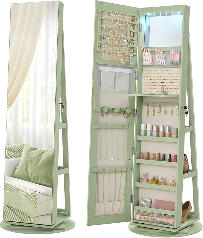 SONGMICS 6 LEDs Lockable Mirror Jewelry Cabinet, 360° Swivel Jewelry Organizer Armoire Standing, Frameless Full-Length Mirror, 3 Storage Shelves, Laurel Green Surface, Cream White Lining UJJC007C01