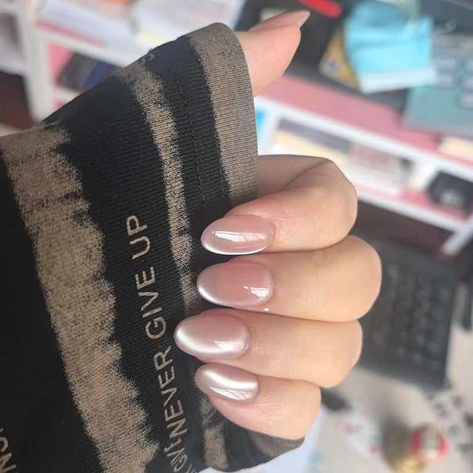 Cat Eye Press on Nails Handmade Short Oval/Square/Round False Nails with French Tip/Aurora/Magnetic Shimmer Designs (Side#Oval Pink Crystal M)