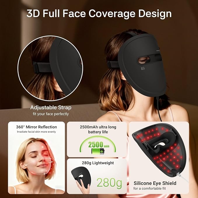 LED Face Mask Light Therapy, Red Light Therapy for Face, 4 Modes with Red, Blue, Near-infrared and Dual Red & Blue Lights for Anti-Aging, Reduce Acne and Blemish Repair, 256 LEDs, Rechargeable Remote.