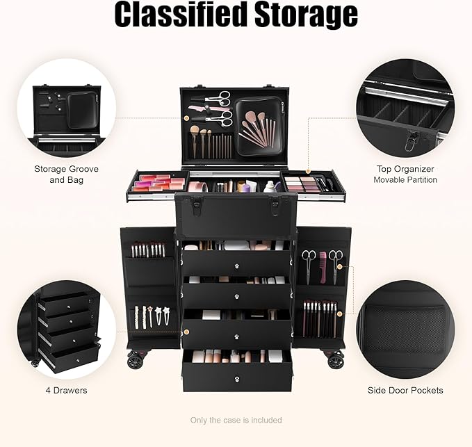Professional Rolling Makeup Case 4 Drawers Makeup Travel Case for Makeup Artist, Hairstylists, Large Storage Cosmetic Case Trolley, Make-up Travel Organizer with Key Swivel Wheels