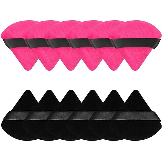 Pimoys 12 Pieces Powder Puff Soft Face Makeup Sponge Velour Triangle Powder Puffs for Loose Powder Cosmetic Foundation Sponge Beauty Makeup Tool(Black,Rose Red)