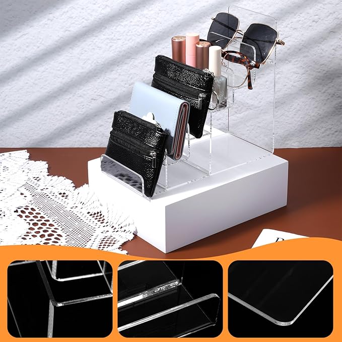 Giantree Acrylic Wallet Display Stand, 2 PCS 6 Tier Clear Purse Handbag Organizer Jewelry Riser Display Stand 7.8" Clear Multi Slot Counter Table Shelf for Cosmetic Perfume Sunglasses Handbag