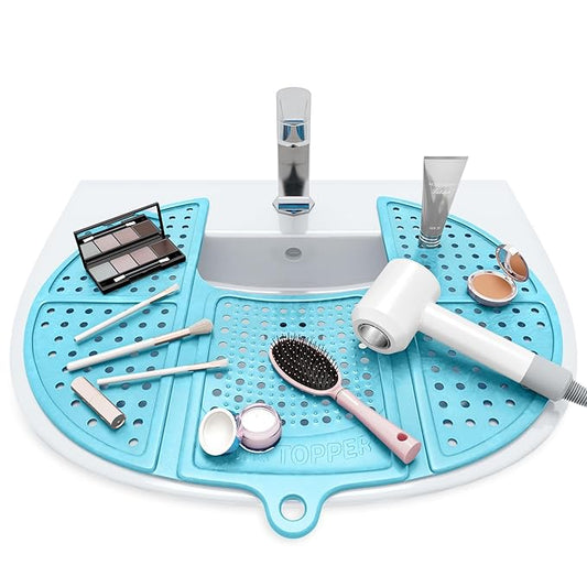 Sink Topper Bathroom Sink Cover for Counter Space & Storage Saver | RV Must Haves | Silicone Foldable Beauty Makeup Brush Cleaning Mat | Hot Tools Organizer | RV Sink Cover | Standard, Pacific Blue