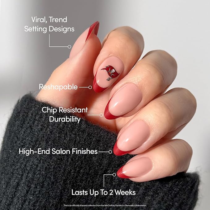 Fanatics x Glamnetic Press On Nails - Tampa Bay Buccaneers | Short Almond Fake Nails, NFL Buccaneers Red French Tips, Football Nails, Salon-Quality | 15 Sizes - 30 Nail Kit with Glue