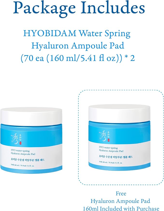 Sooryehan Hyobidam Water-Spring Hyaluronic Acid Pad (10.82fl oz, Pack of 2) - Gentle Daily Facial Toner Cotton Rounds for Soothing, Moisturizing, Exfoliating. Ginseng, Green Tea.