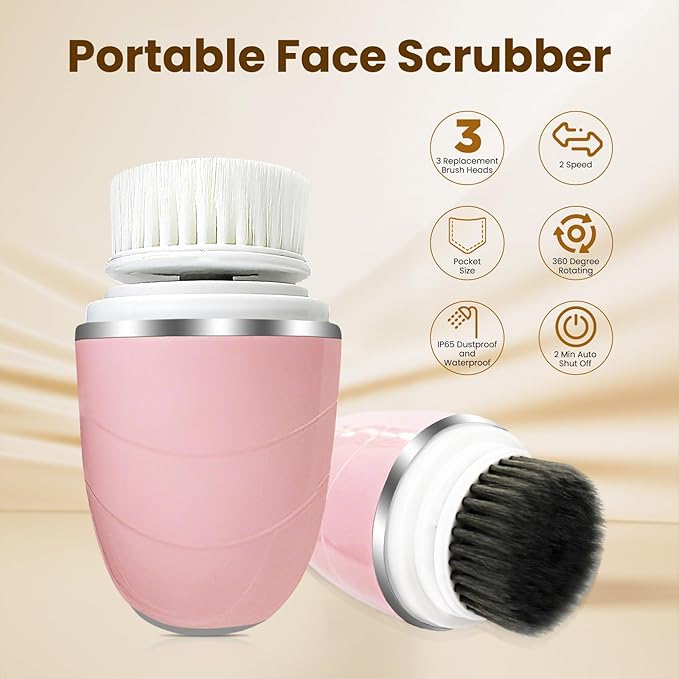 Facial Cleansing Brush, Mini Electric Face Scrubber, Waterproof Face Exfoliator Brush for Deep Cleansing, Portable Face Wash Brush for Travel, Easy to Carry, with 3 Brushheads for Women Mom Men