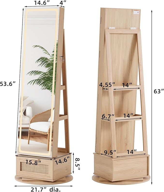 Rattan 360° Swivel Jewelry Armoire Cabinet Standing with Full Length Mirror, Lockable Jewelry Organizers and Drawer Storage with 3 Color LED Lights & Interior Mirror Rear Storage Shelves