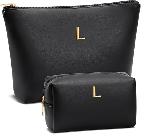 Women Gifts | Initial Makeup Bag Set for Girl Personalized Gifts for Bridesmaid Friend Graduation Teachers PU Leather Cosmetic Travel Toiletry Bag(Black,L)
