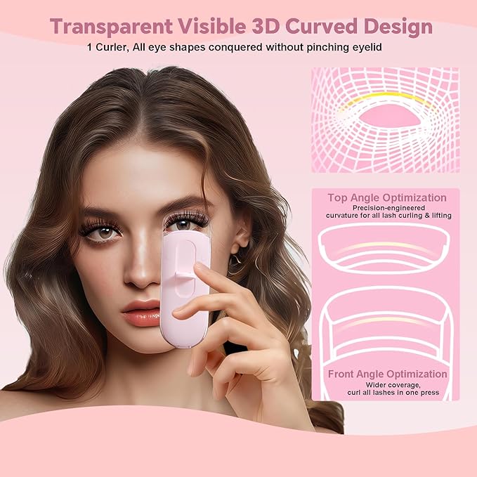 Visible Heated Eyelash Curler, Rechargeable Electric Eyelash Curlers 10S Fast Heat, Safe Anti-Burn Mini Heat Eye Lash Curler 24Hrs Long Lasting Natural C Curl Lashes (Pink)