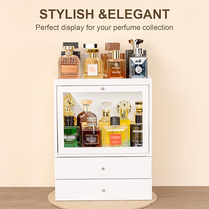 Emfogo Cologne Organizer, 4 Tier Vertical Wood Perfume Stand for Men, Large Capacity Dustproof Perfumes Organizer Cologne Stand with Double Drawer Storage, Gift for Loved ones (White)