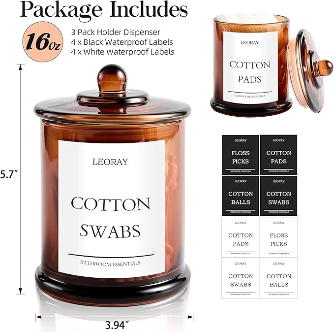 3 Pack Glass Qtip Holder Dispenser with Lids, Airtight Waterproof, 16 Oz Vanity Organizer Bathroom Canisters for Cotton Swabs, Balls, Pads, Floss Picks, Restroom Bedroom Kitchen Storage Jars, Amber
