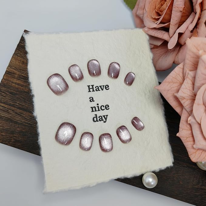 Cat Eye Press on Nails Handmade Short Oval/Square/Round False Nails with French Tip/Aurora/Magnetic Shimmer Designs (Shimmer#Sunshine Lily M)