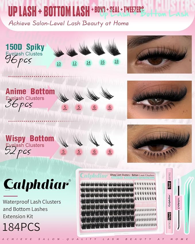 calphdiar Wispy Lash Clusters with Bottom Lashes Extension Kit Spiky Eyelash Clusters Kit Fairy Cluster Eyelash Extensions 10-18mm Lash Clusters Kit 184PCS Natural Individual Lashes with Bond and Seal