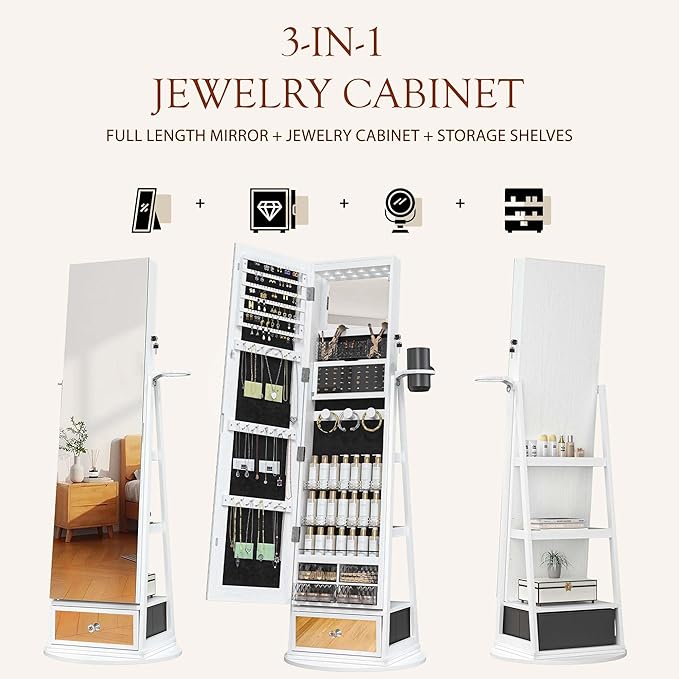 Mirror Jewelry Cabinet Standing, 6 LED Lights, 360° Swivel Full Length Mirror with Storage, Jewelry Armoire Organizer with Drawer, Foldable Makeup Shelf