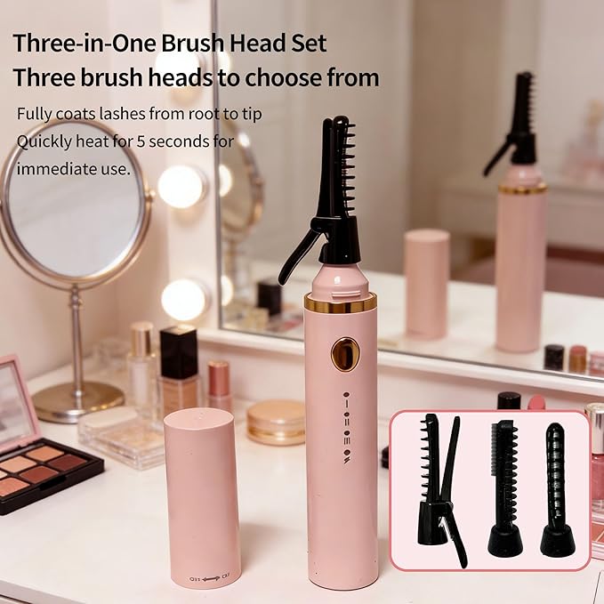 3 Interchangeable Brush Heads Rechargeable Heated Eyelash Curler 24-Hour Lasting curl 5-Second Rapid Heating 3 Temperature Settings Safety Anti-Scald Design (Pink)